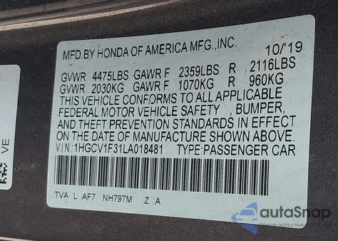 2020 Honda Accord Sport z USA, uszkodzony, nr VIN 1HGCV1F31LA018481